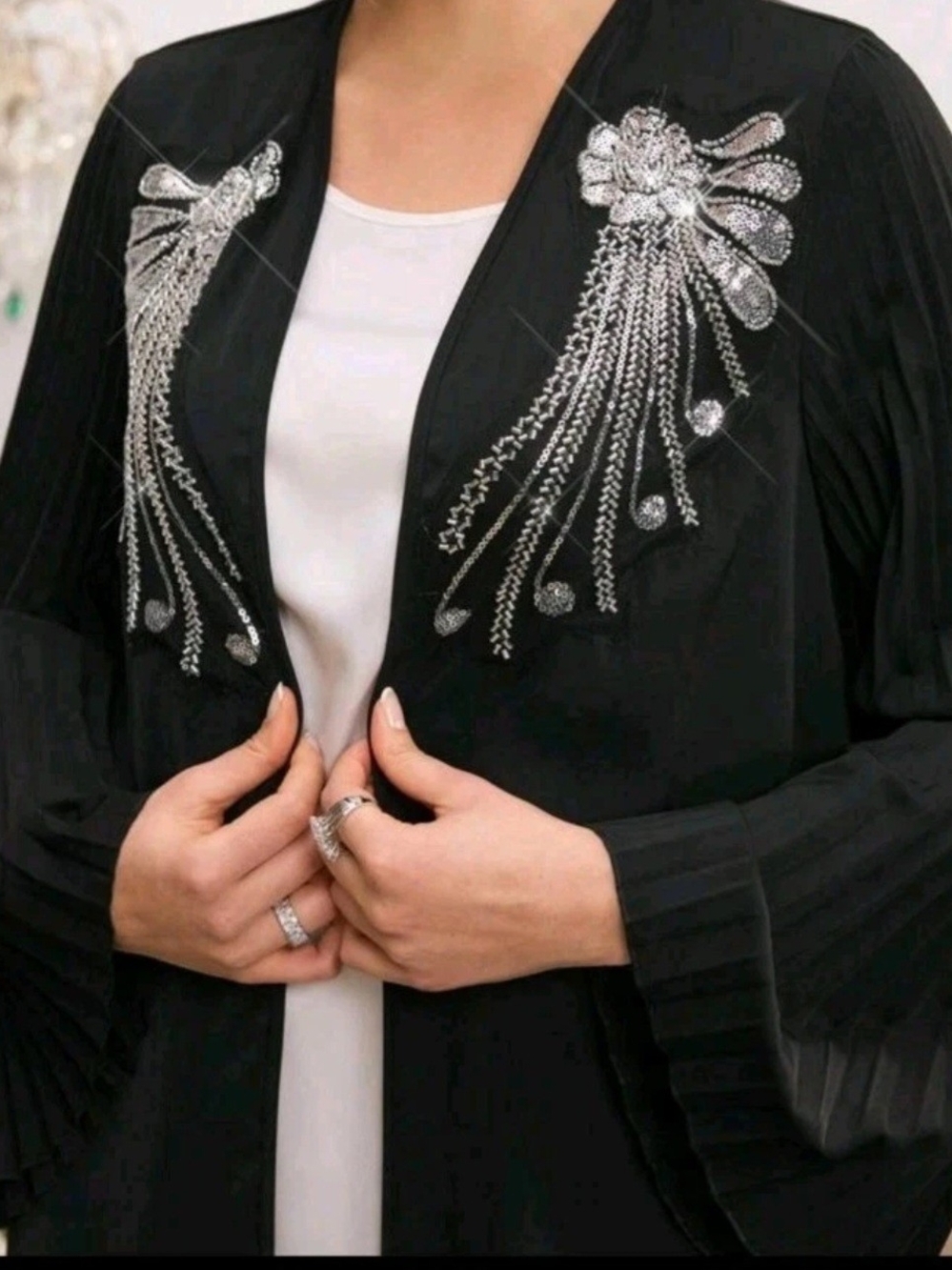 Embellished Black Women's Open Abaya with Silver Sequin Detail